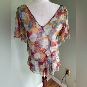 Anna Sui for Anthropologie floral silk flutter top 4. Short sleeves, back ruffle